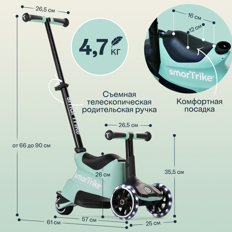Растущий складной трехколесный самокат-трансформер 3в1 SmarTrike Xtend Scooter ride-on с ручкой. Фото №7